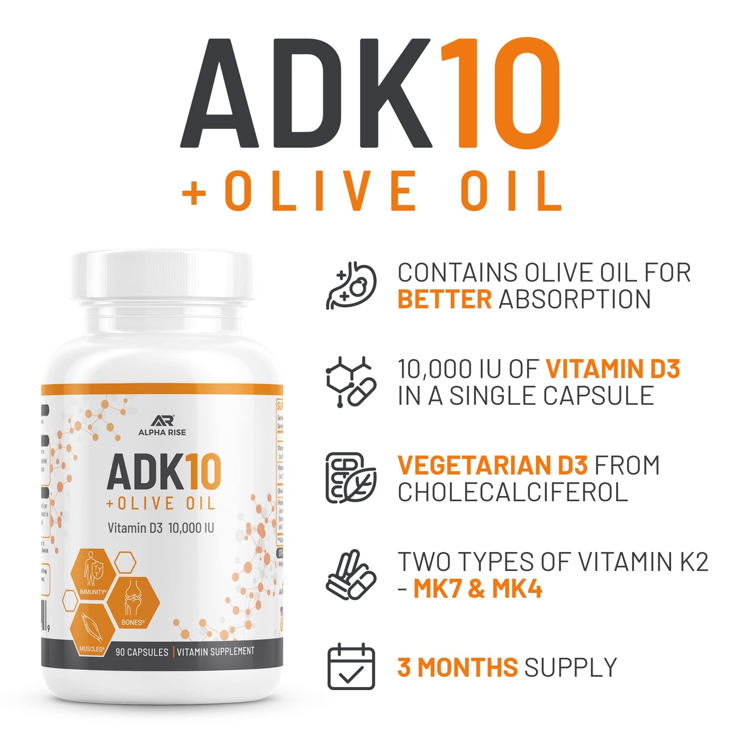 ALPHA RISE ADK10 Vitamin with Olive Oil – D3 10,000 IU, A, K2 MK7/MK4 – 90 Veg Capsules