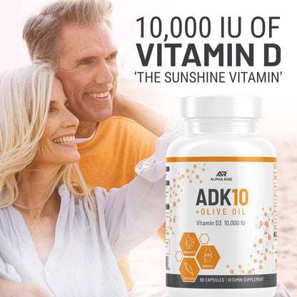 ALPHA RISE ADK10 Vitamin with Olive Oil – D3 10,000 IU, A, K2 MK7/MK4 – 90 Veg Capsules