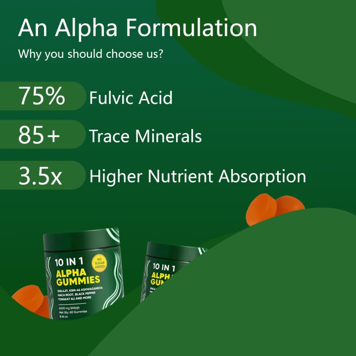 10 in 1 Alpha Shilajit Gummies – 4000mg for Energy & Immune Support | 60 Count