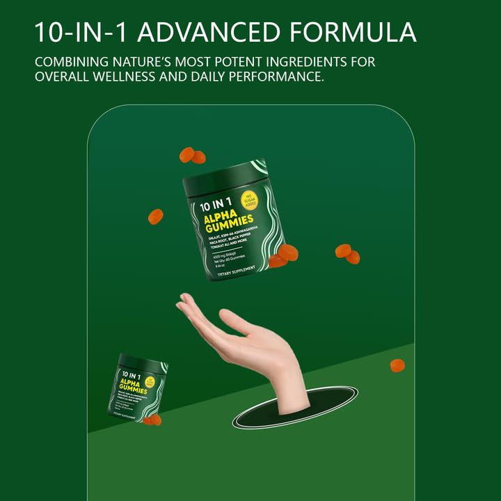 10 in 1 Alpha Shilajit Gummies – 4000mg for Energy & Immune Support | 60 Count