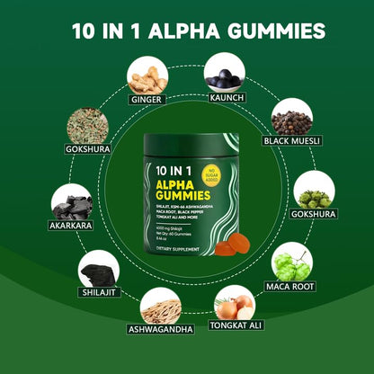 10 in 1 Alpha Shilajit Gummies – 4000mg for Energy & Immune Support | 60 Count