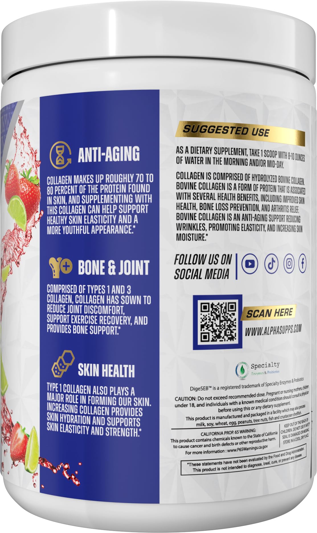 Alpha Supps Premium Hydrolyzed Collagen Powder - Strawberry Lime, 30 Servings
