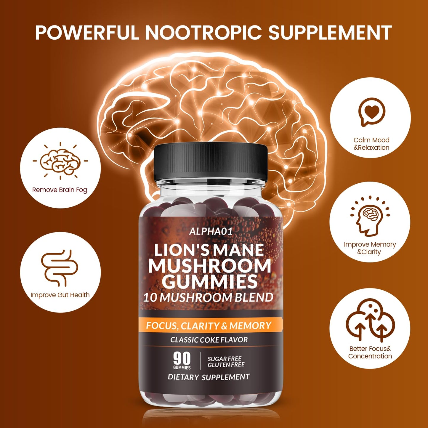 ALPHA01 Mushroom Gummies - 10x Mushroom Complex with Ashwagandha & Lion's Mane | Nootropic Brain Support, Immune Health & Stress Relief (90 CT) Classic Coke