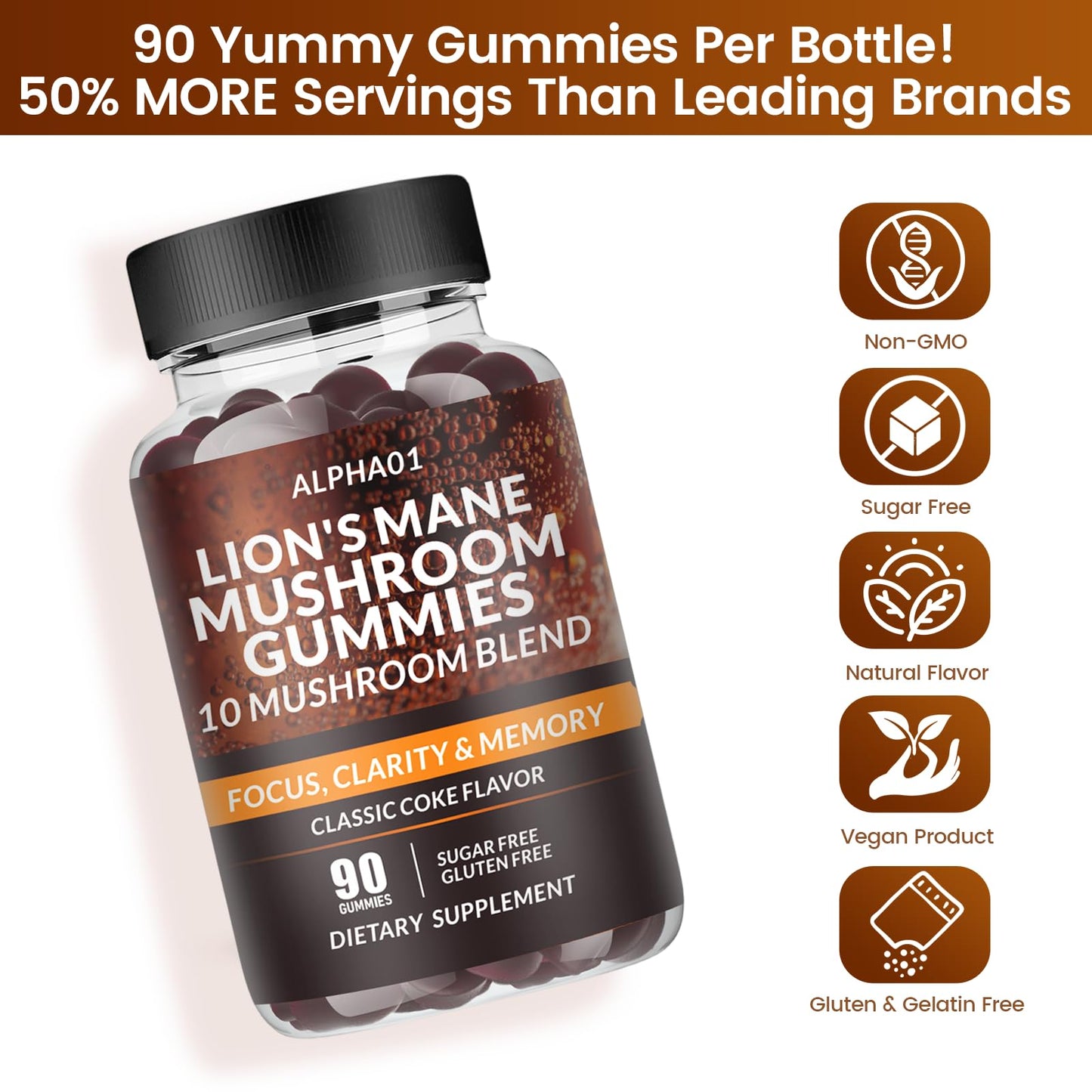 ALPHA01 Mushroom Gummies - 10x Mushroom Complex with Ashwagandha & Lion's Mane | Nootropic Brain Support, Immune Health & Stress Relief (90 CT) Classic Coke