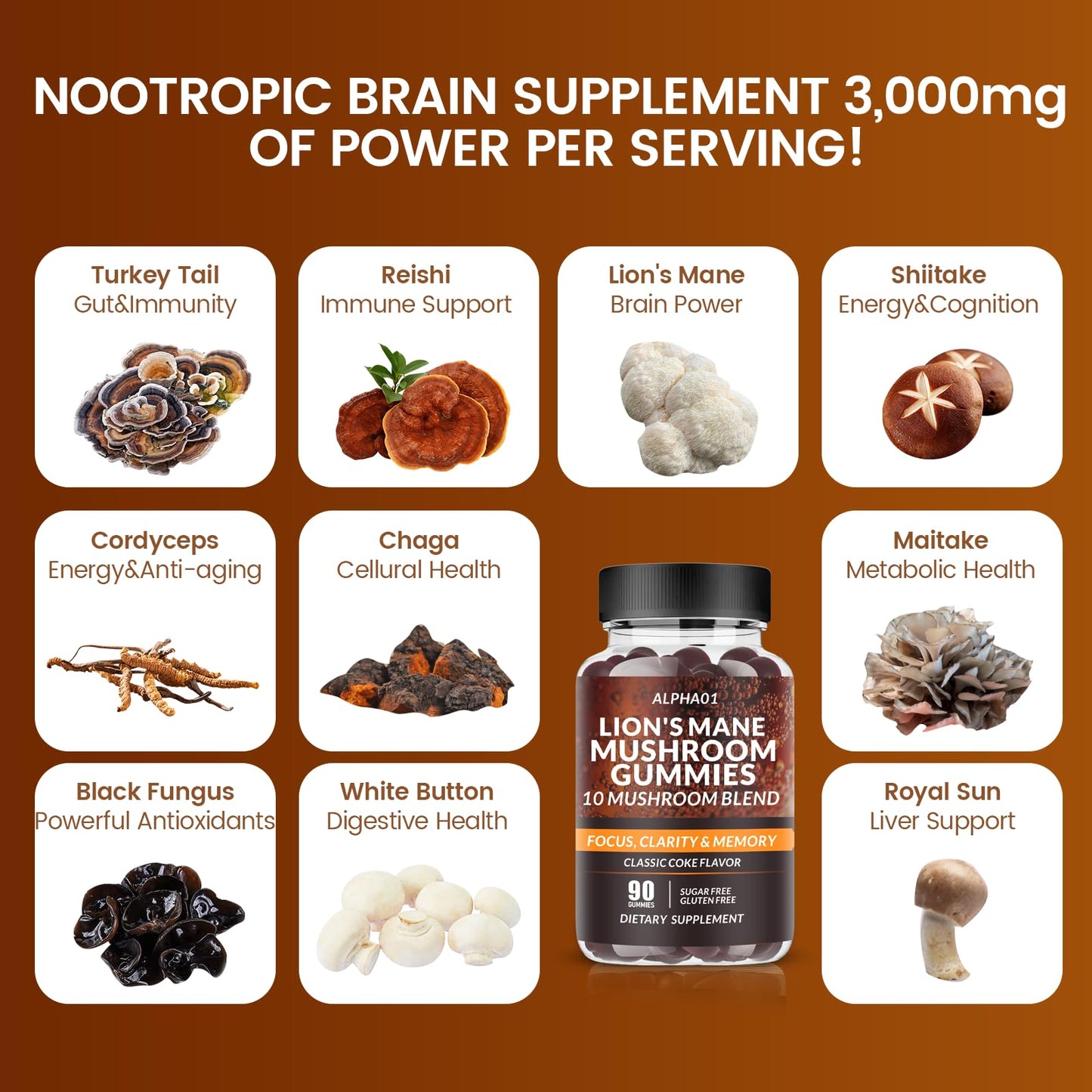ALPHA01 Mushroom Gummies - 10x Mushroom Complex with Ashwagandha & Lion's Mane | Nootropic Brain Support, Immune Health & Stress Relief (90 CT) Classic Coke