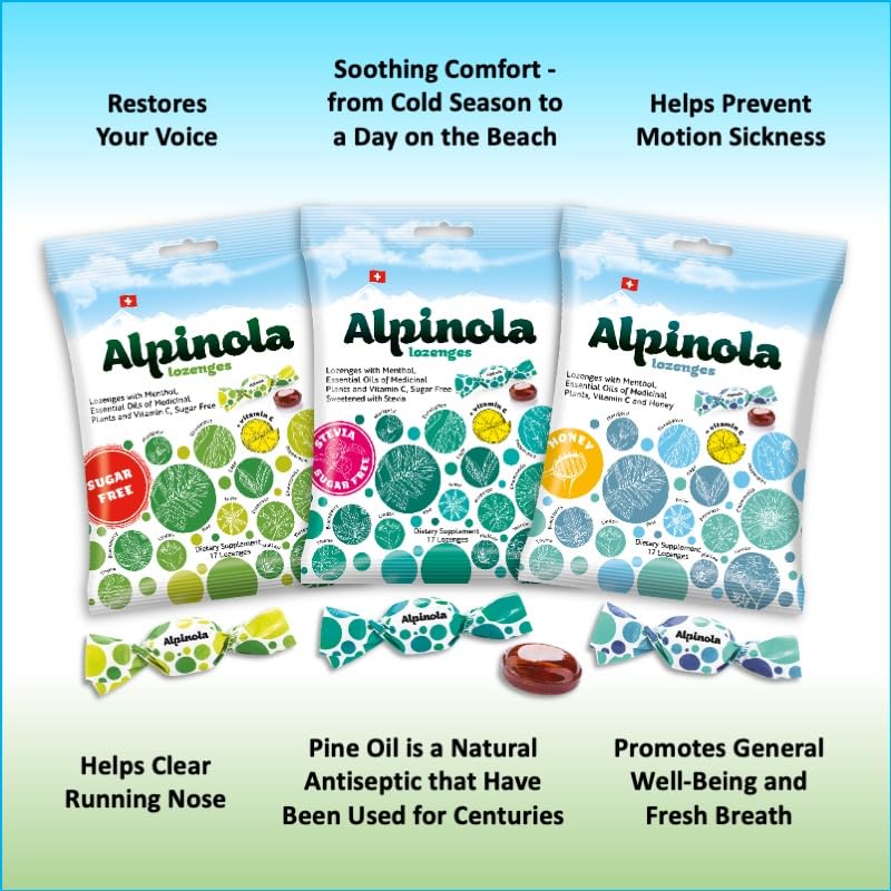Alpinola Lozenges Menthol – 20 Herbs & Vitamin C, Sugar Free Stevia, 17 Count