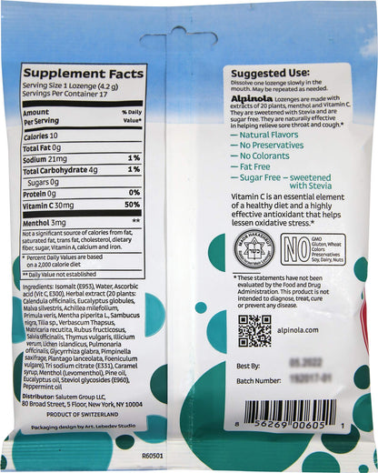 Alpinola Lozenges Menthol – 20 Herbs & Vitamin C, Sugar Free Stevia, 17 Count