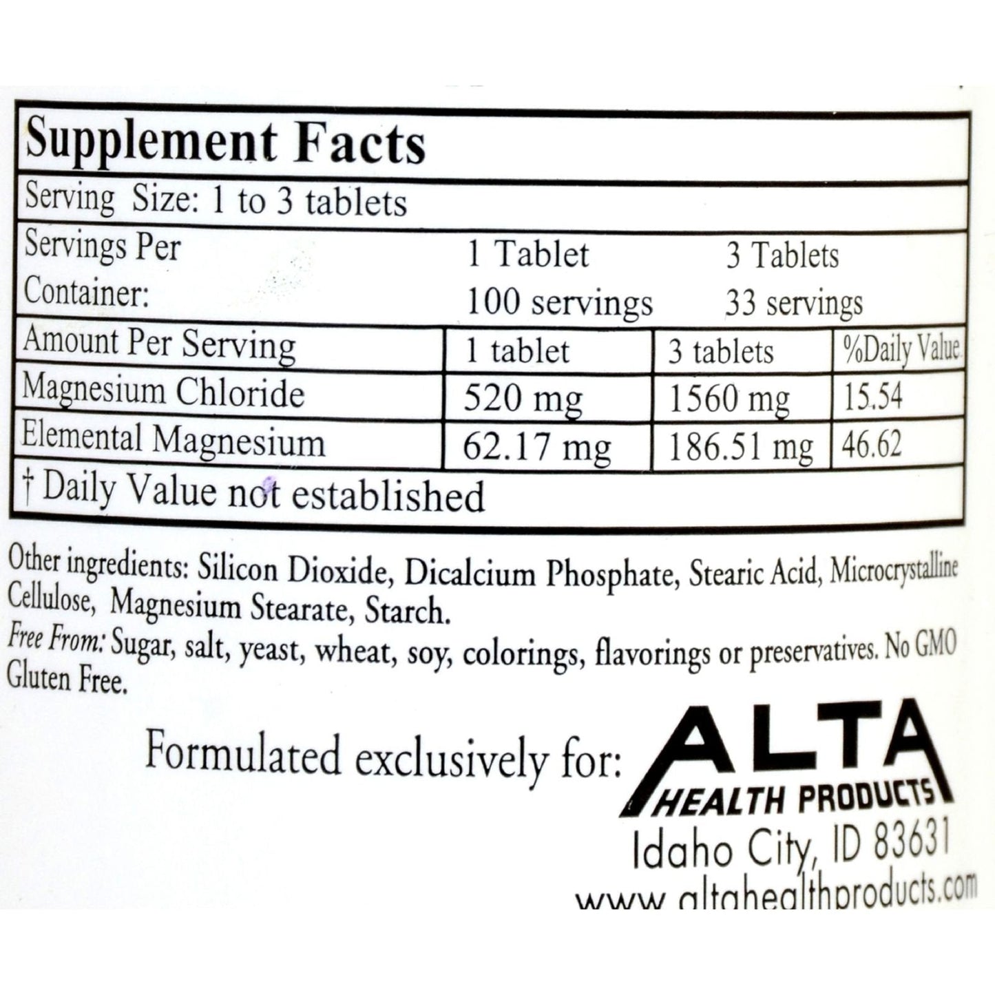 Alta Health Magnesium Chloride Tablets, 100 Count – Readily Absorbed