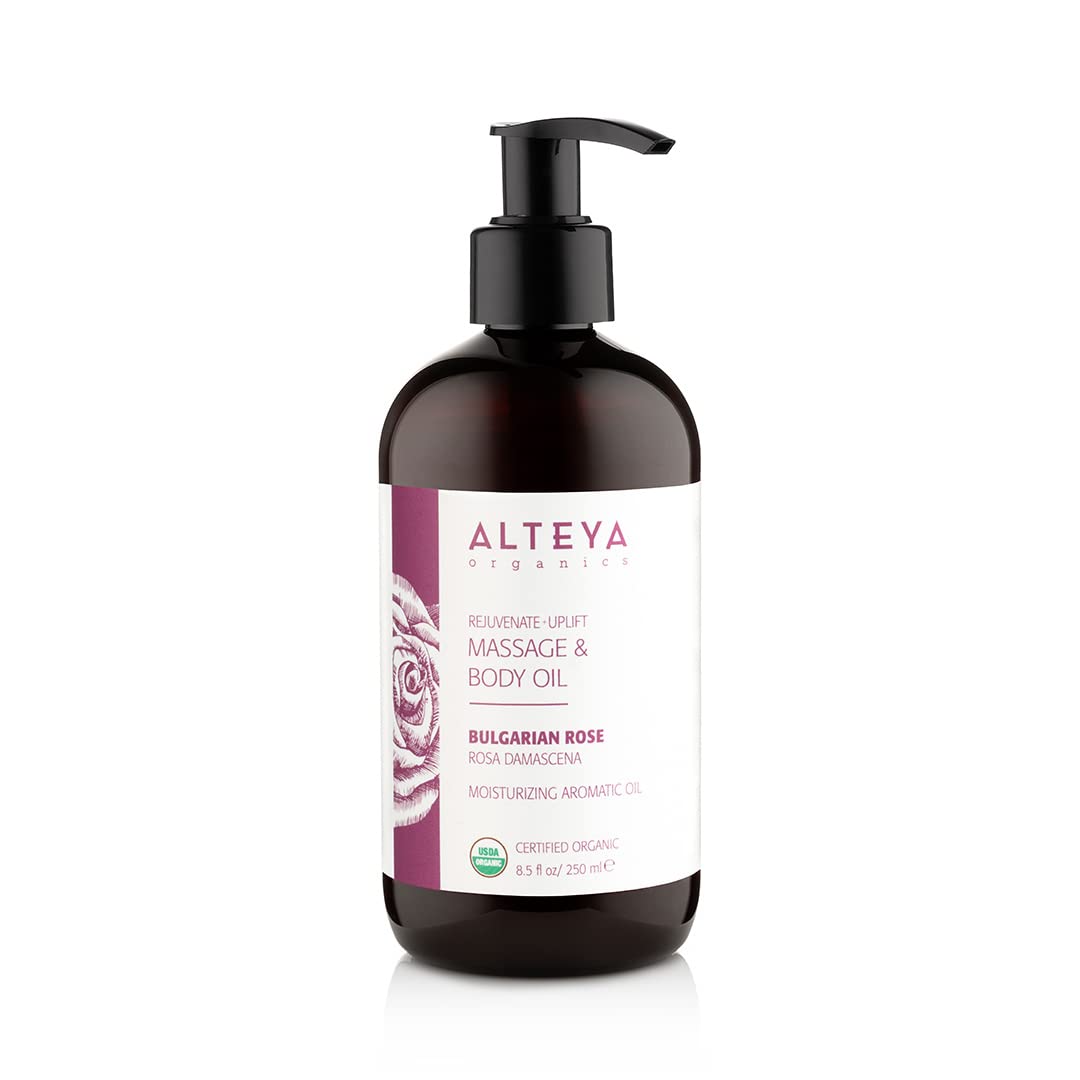Alteya Organic Massage & Body Oil with Bulgarian Rose – USDA Certified Organic, Rejuvenating & Nourishing Aromatic Oil (8.5 fl oz / 250 mL)