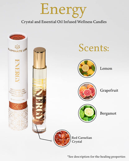 Aluminate Life Energy Essential Oil Rollerballs 7 oz, Red Carnelian Crystal Infused, Lemon, Grapefruit & Bergamot