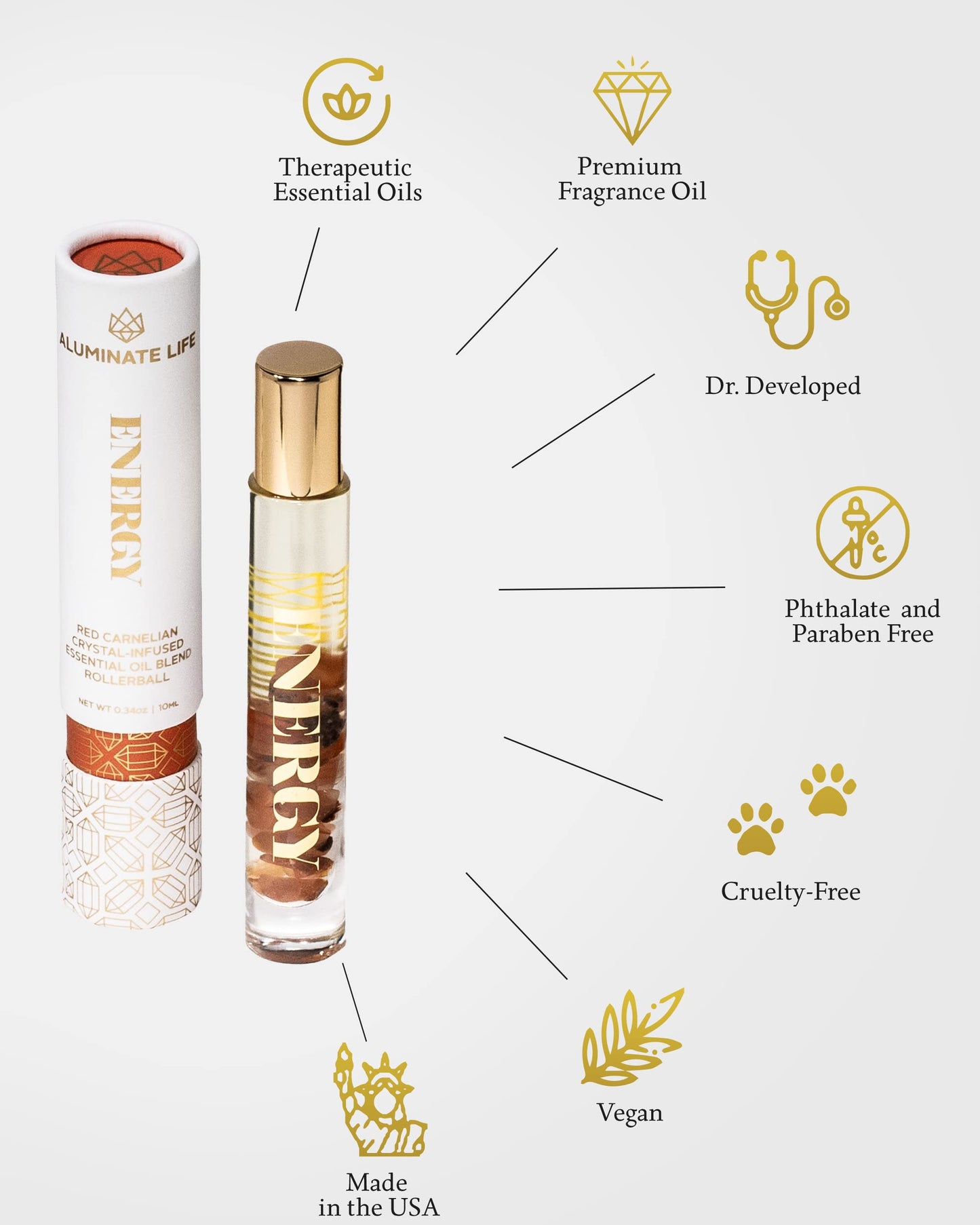 Aluminate Life Energy Essential Oil Rollerballs 7 oz, Red Carnelian Crystal Infused, Lemon, Grapefruit & Bergamot