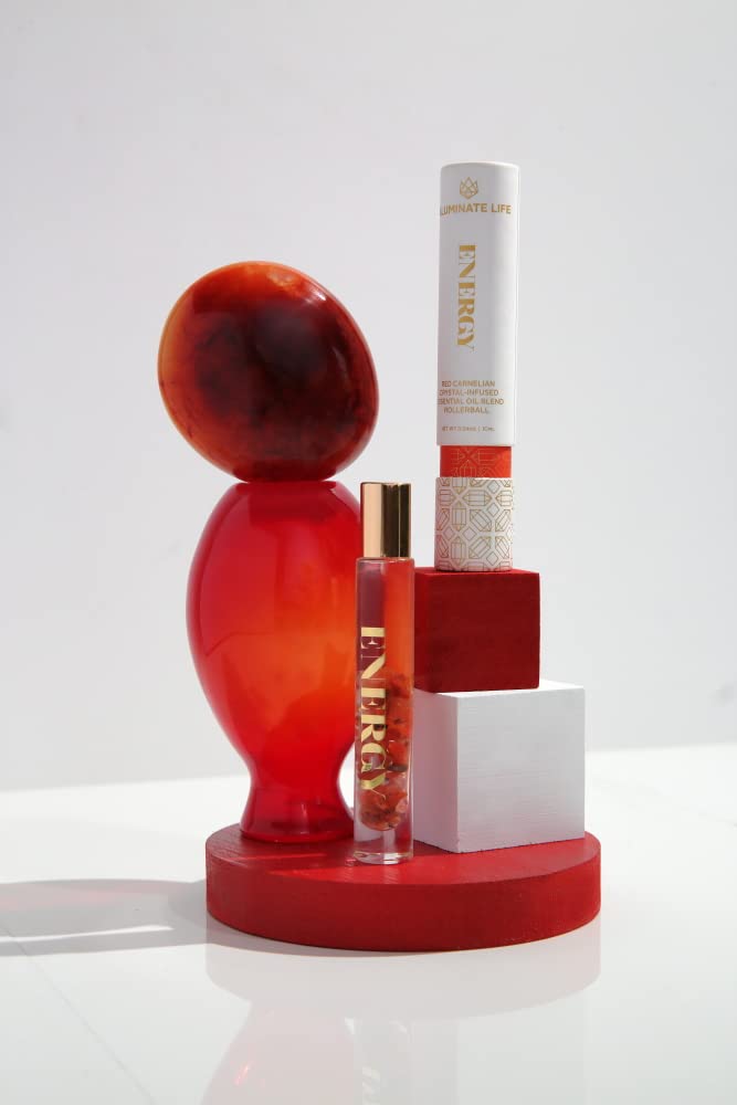 Aluminate Life Energy Essential Oil Rollerballs 7 oz, Red Carnelian Crystal Infused, Lemon, Grapefruit & Bergamot