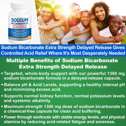 Sodium Bicarbonate Capsules 1300mg Extra Strength | Organic Use, Aluminum-Free, Delayed-Release