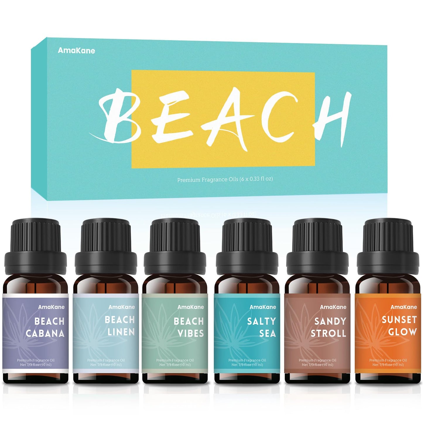 AmaKane Fragrance Oils – Beach Scents for Candles, Soaps, Diffusers | 6x10ml Beach Vibes, Sunset Glow, Beach Linen, Salty Sea & More