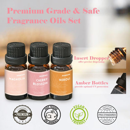 AmaKane Floral Fragrance Oils – 6x10ml Rose, Jasmine, Chamomile, Neroli, Magnolia & Cherry Blossom | Diffuser & DIY Scents