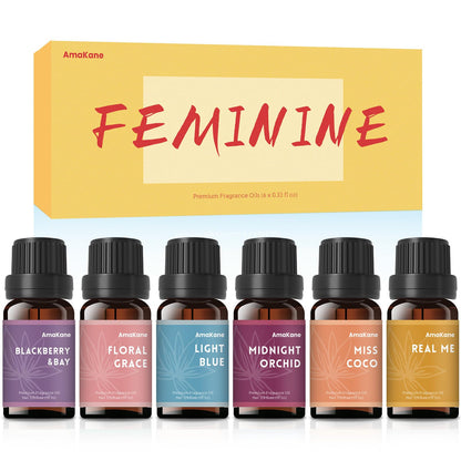 AmaKane Feminine Fragrance Oils – 6x10ml Set for Diffuser, Candle & Soap | Floral Grace, Miss Coco, Midnight Orchid & More