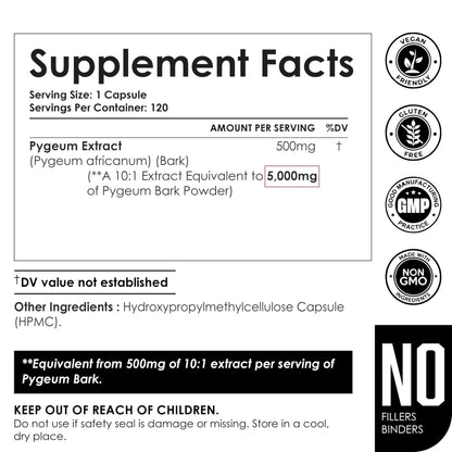 Amalth Pygeum Bark Extract Powder – Higher Potency (6.5% Phytosterols) – Herbal Supplements 120 Capsules – Non-GMO