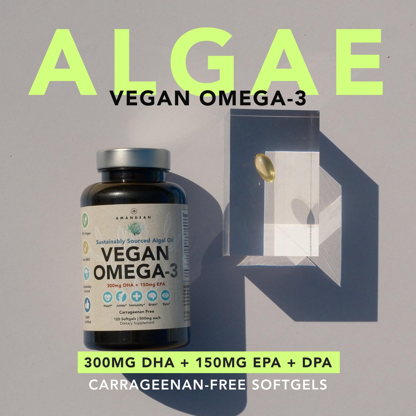 AMANDEAN Vegan Omega-3 Supplement – Algae DHA & EPA, Carrageenan-Free (120ct)