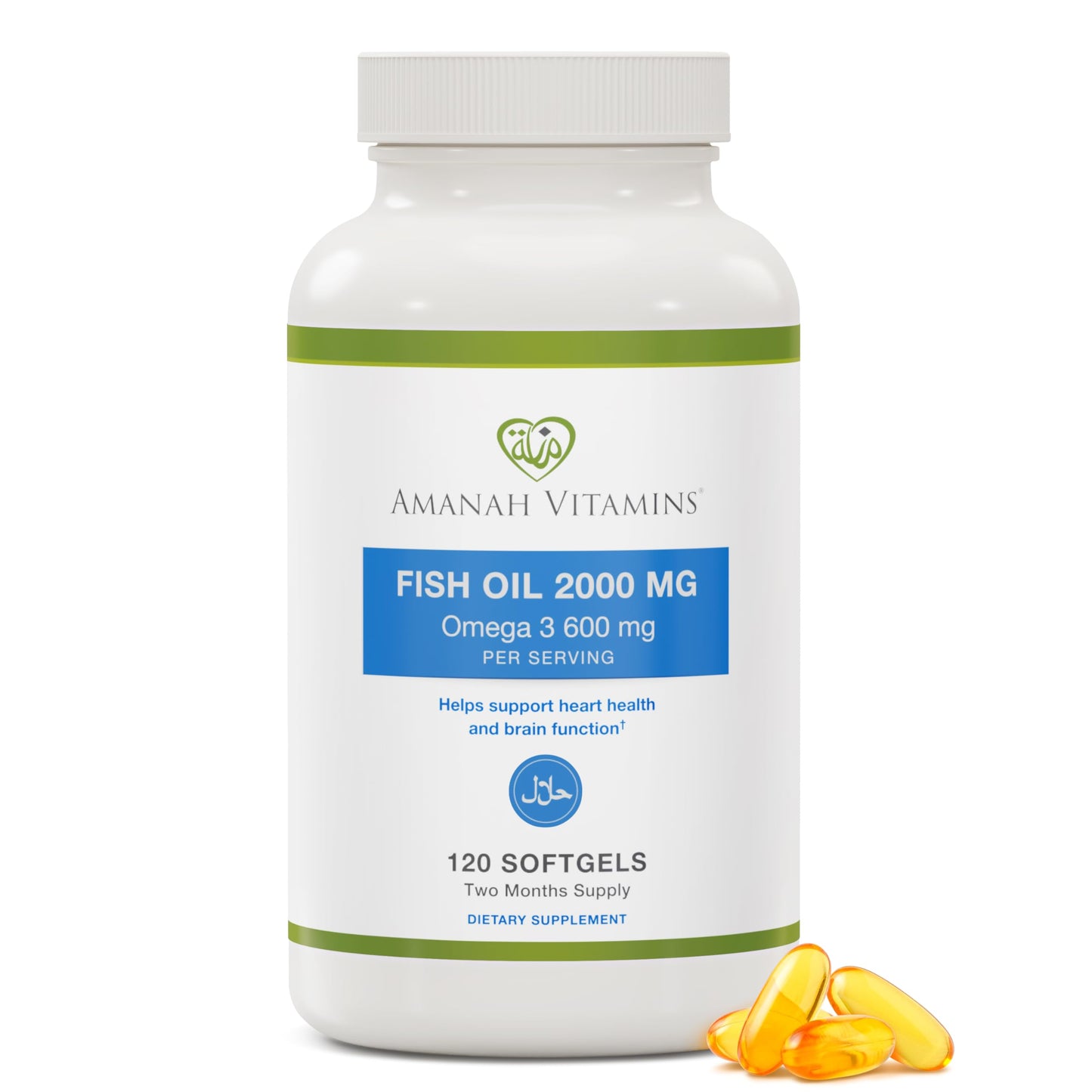 Amanah Vitamins Halal Omega-3 Fish Oil 2000mg, 120 Softgels | Halal Certified (ISNA) | Non-GMO & Gluten-Free