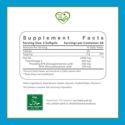Amanah Vitamins Halal Omega-3 Fish Oil 2000mg, 120 Softgels | Halal Certified (ISNA) | Non-GMO & Gluten-Free
