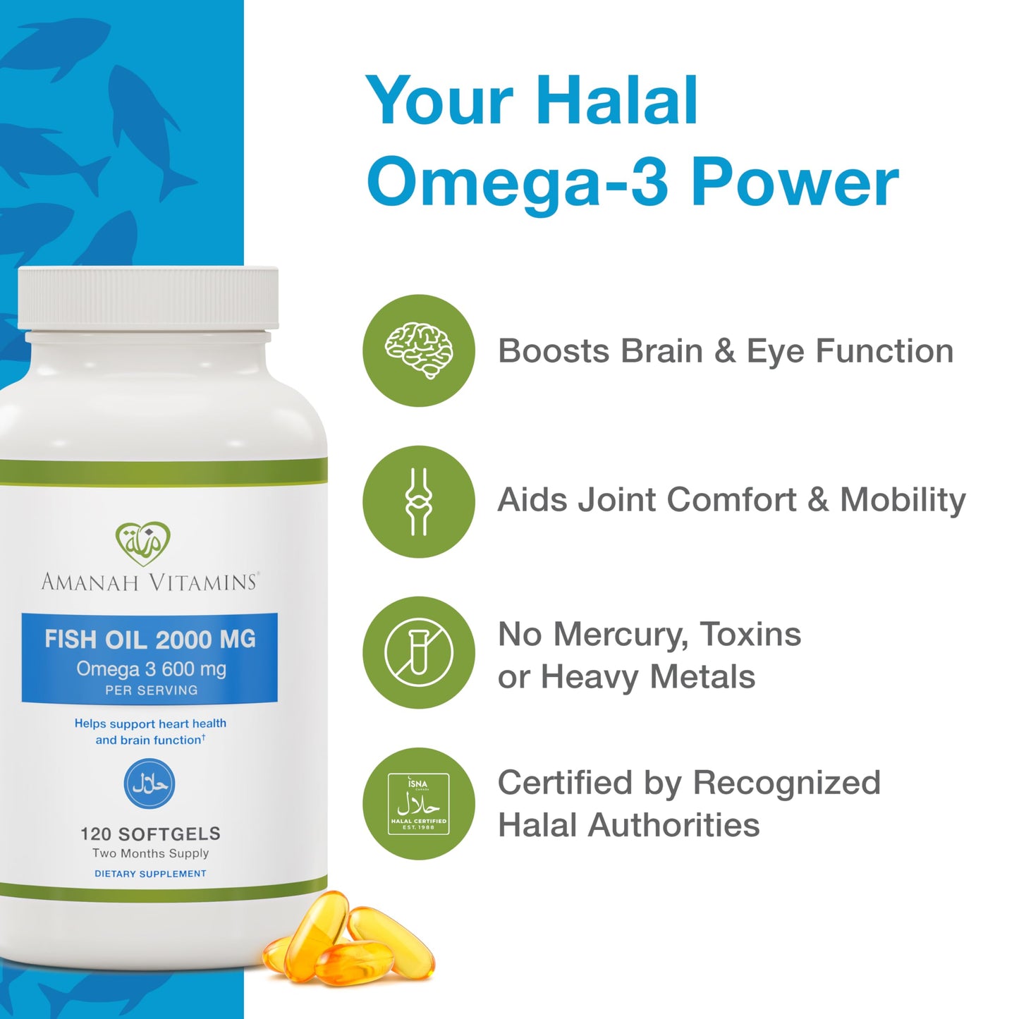 Amanah Vitamins Halal Omega-3 Fish Oil 2000mg, 120 Softgels | Halal Certified (ISNA) | Non-GMO & Gluten-Free