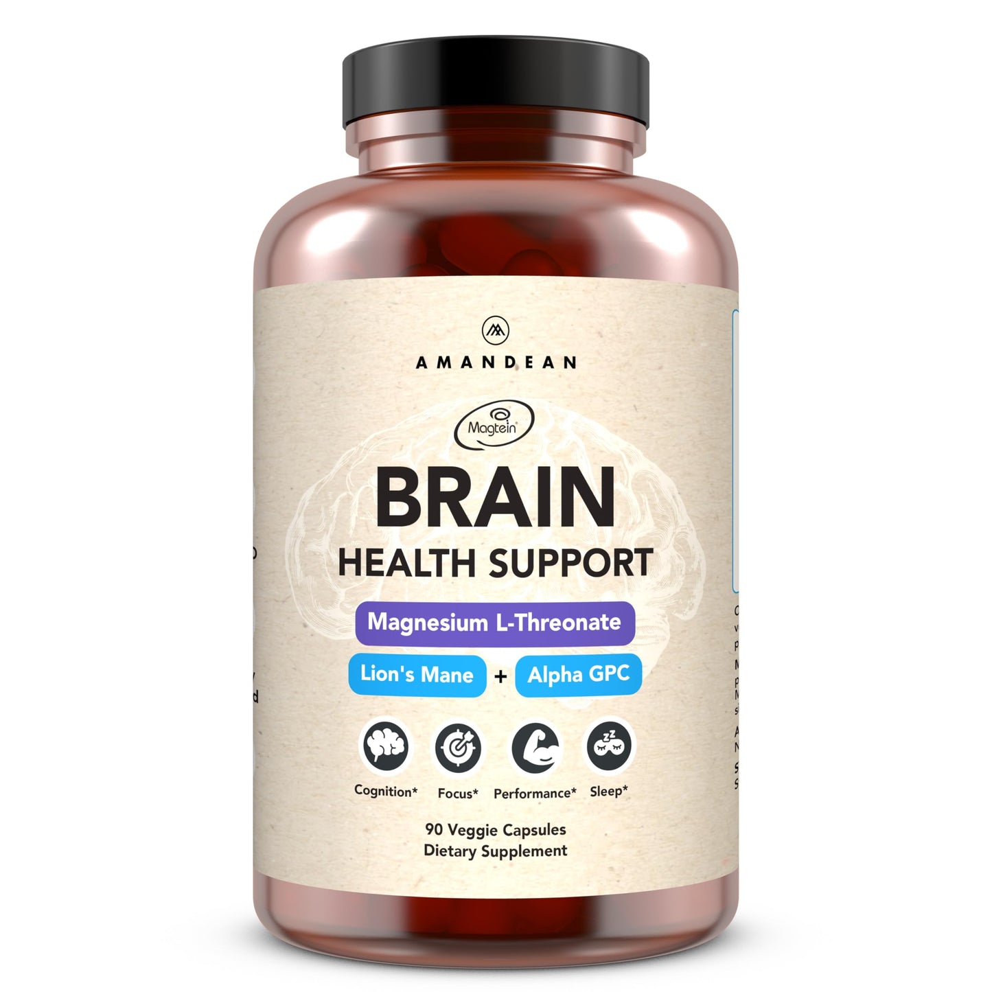 AMANDEAN Brain Supplement | Nootropic for Memory, Focus & Clarity | Magtein, Lion's Mane, Alpha GPC | 90 Veggie Capsules