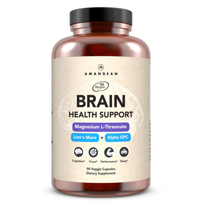 AMANDEAN Brain Supplement | Nootropic for Memory, Focus & Clarity | Magtein, Lion's Mane, Alpha GPC | 90 Veggie Capsules