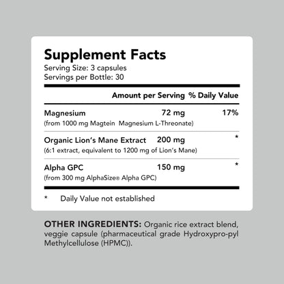 AMANDEAN Brain Supplement | Nootropic for Memory, Focus & Clarity | Magtein, Lion's Mane, Alpha GPC | 90 Veggie Capsules