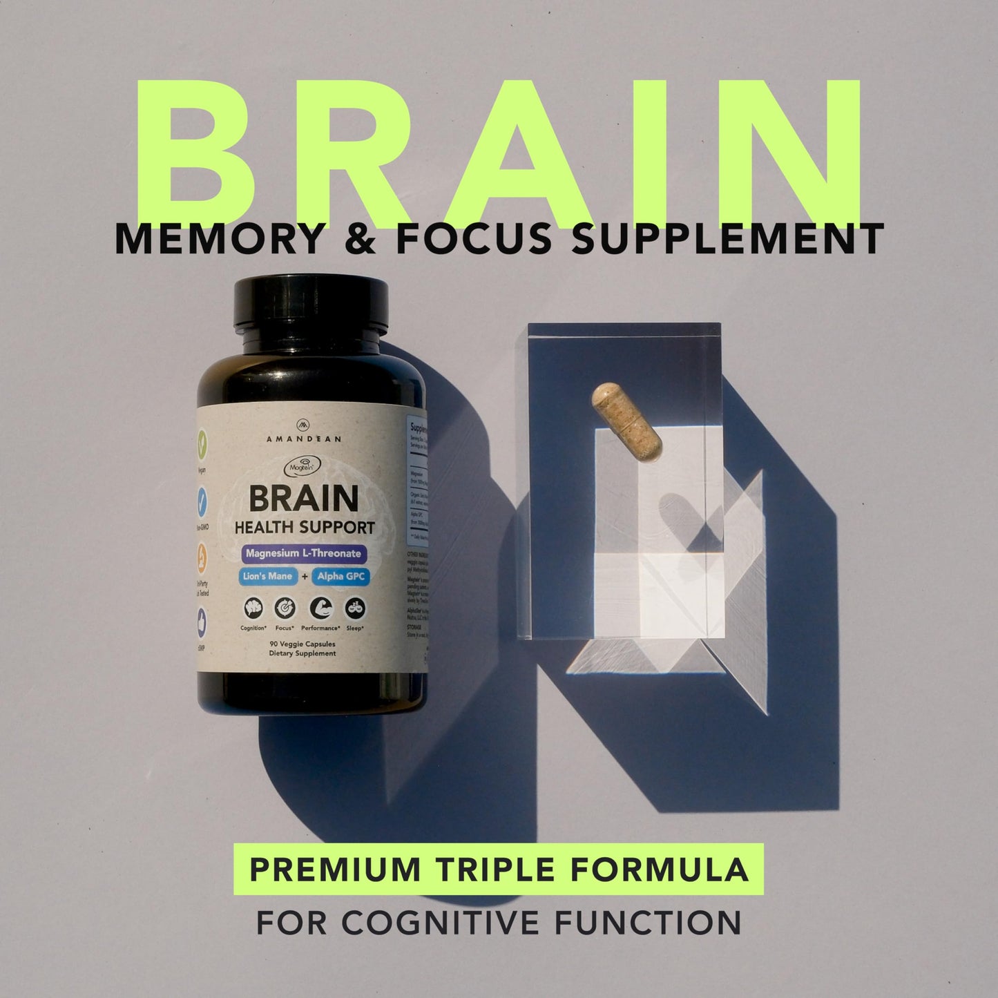 AMANDEAN Brain Supplement | Nootropic for Memory, Focus & Clarity | Magtein, Lion's Mane, Alpha GPC | 90 Veggie Capsules