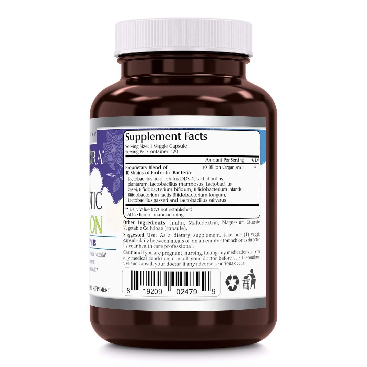 Amazing Flora Probiotic 10 Billion - 10 Strains Veggie Capsules (120 Count) - USA Made