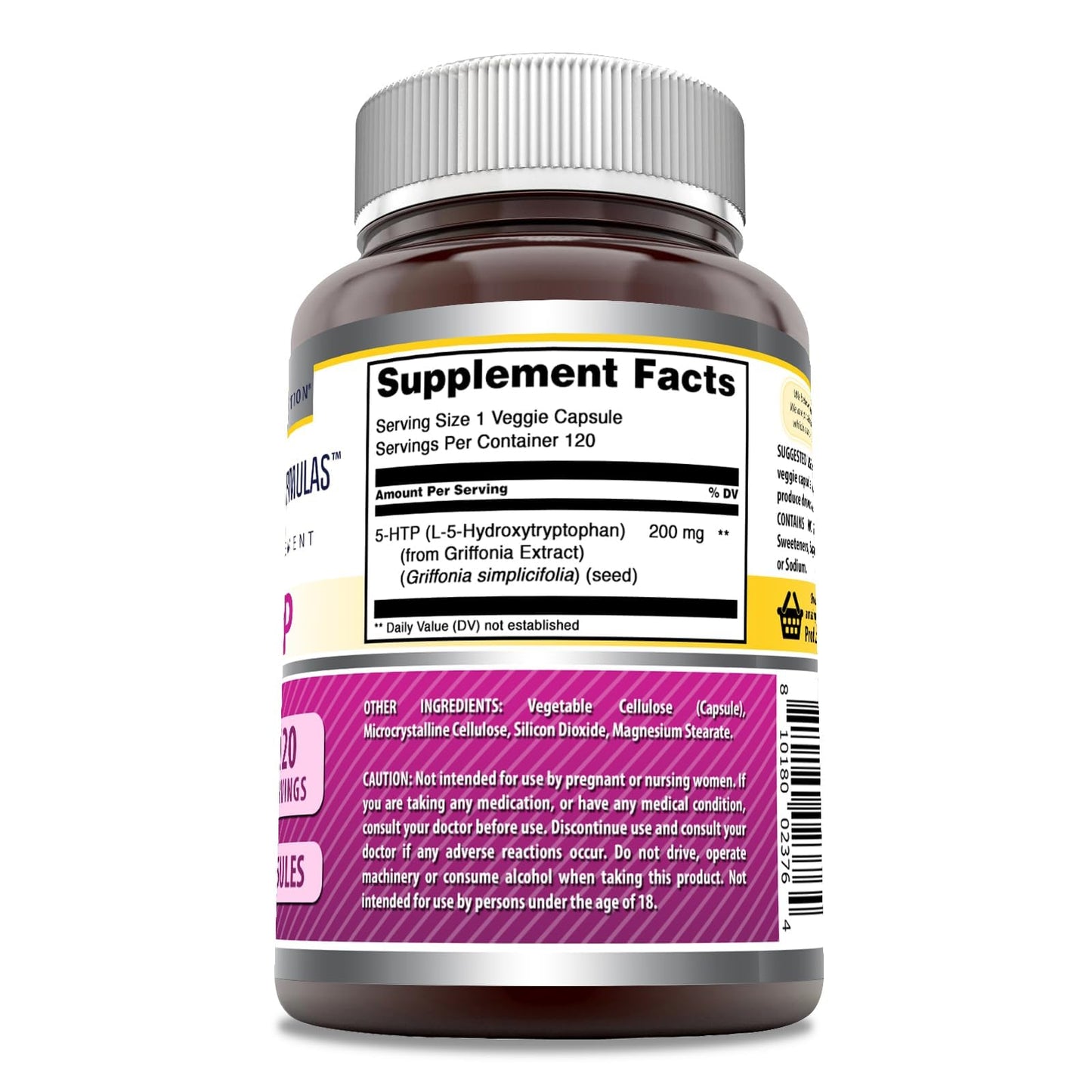 Amazing Formulas 5-HTP (L-5-Hydroxytryptophan) Supplement | 200 Mg per Serving | Veggie Capsules | Non-GMO | Gluten-Free | Made in USA (1 Pack | 120 Count)