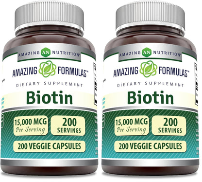 Amazing Formulas Biotin 15000 mcg – Supports Healthy Hair, Skin & Nails | 200 Capsules (Pack of 2)