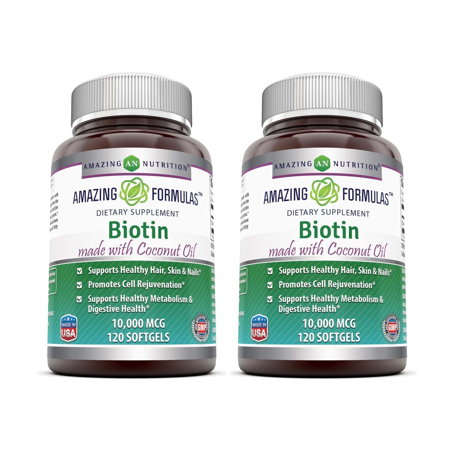 Amazing Formulas Biotin 10,000 mcg with Coconut Oil – Softgels, Non-GMO, Gluten-Free, Made in USA (2 Pack, 120 Count)