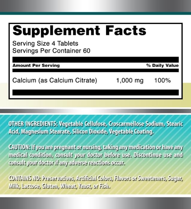 Calcium Citrate 1000 mg – 240 Count Tablets | Non-GMO, Gluten Free, Made in USA