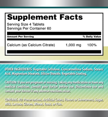 Calcium Citrate 1000 mg – 240 Count Tablets | Non-GMO, Gluten Free, Made in USA