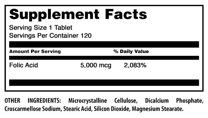 Amazing Formulas Folic Acid 5000 mcg per Serving | 120 Count | Non-GMO, Gluten-Free | Made in USA