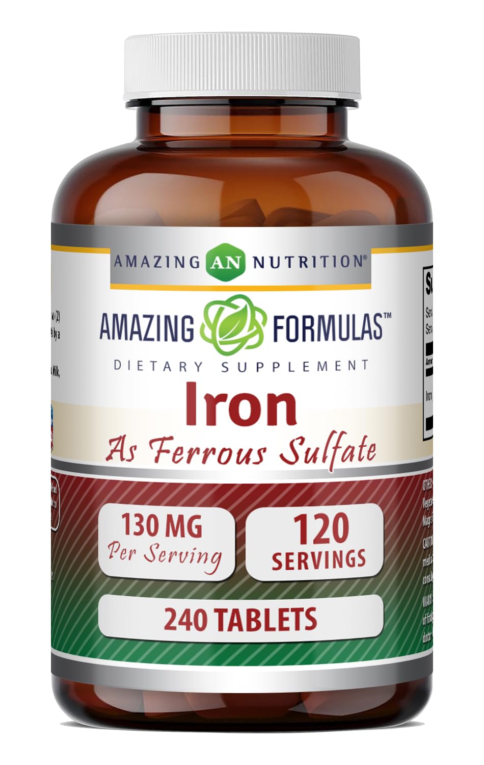 Amazing Formulas Iron Ferrous Sulfate 130 mg | 240 Tablets | Made in USA