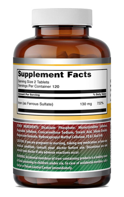 Amazing Formulas Iron Ferrous Sulfate 130 mg | 240 Tablets | Made in USA