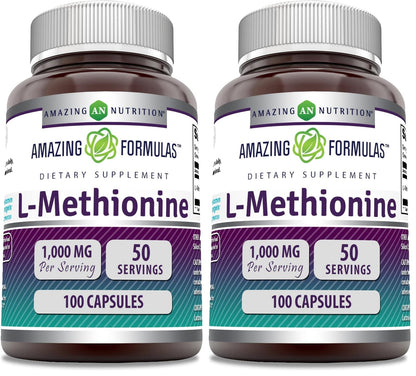 Amazing Formulas L-Methionine 1000 mg - 100 Capsules (Pack of 2) | Non-GMO, Gluten-Free, Made in USA