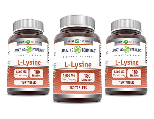 Amazing Formulas L-Lysine 1000mg – Non-GMO, Gluten Free, Made in USA | 180 Tablets per Bottle, 3 Pack BritishVita | Premium UK Vitamins & Wellness Supplements
