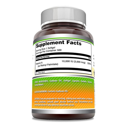 Amazing Formulas Vitamin A 10000 IU Softgels – Retinyl Palmitate, Non-GMO, Gluten Free, Made in USA – 500 Count