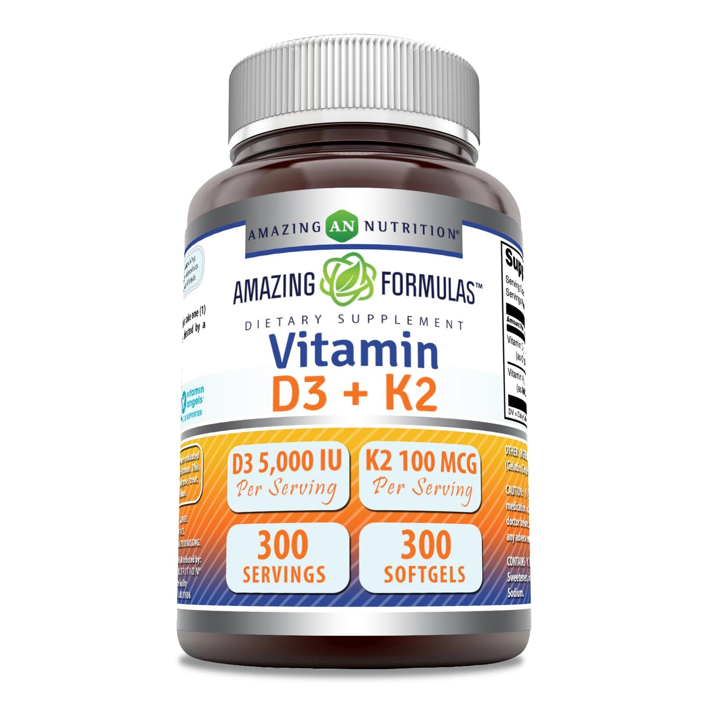 Amazing Formulas Vitamin D3 5000 IU + K2 100 mcg Softgels | D3/K2 Complex