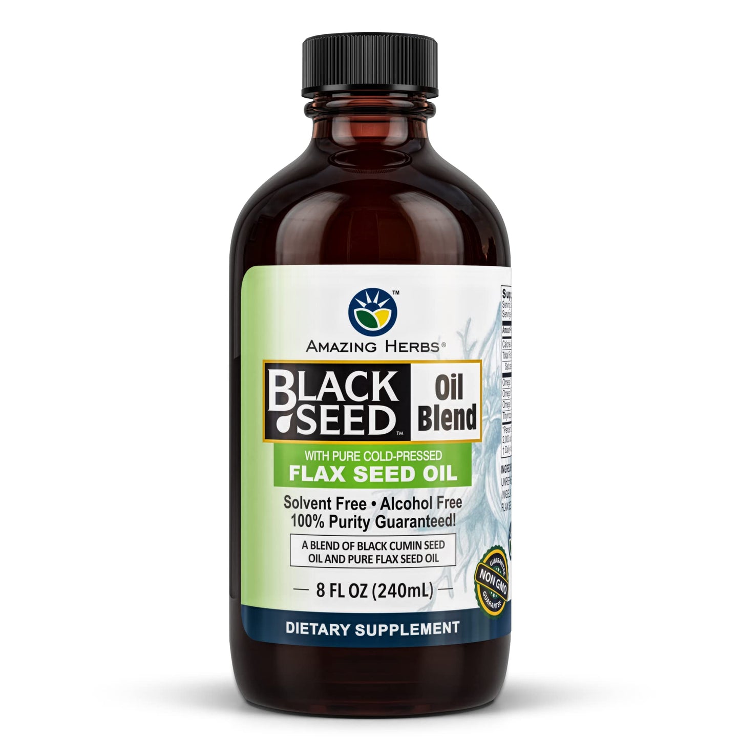 Amazing Herbs Cold-Pressed Black Seed & Flax Seed Oil Blend - Gluten-Free, Non-GMO, High in Omega 3-6-9 - Supports Joint, Brain, and Heart Function - 8 oz