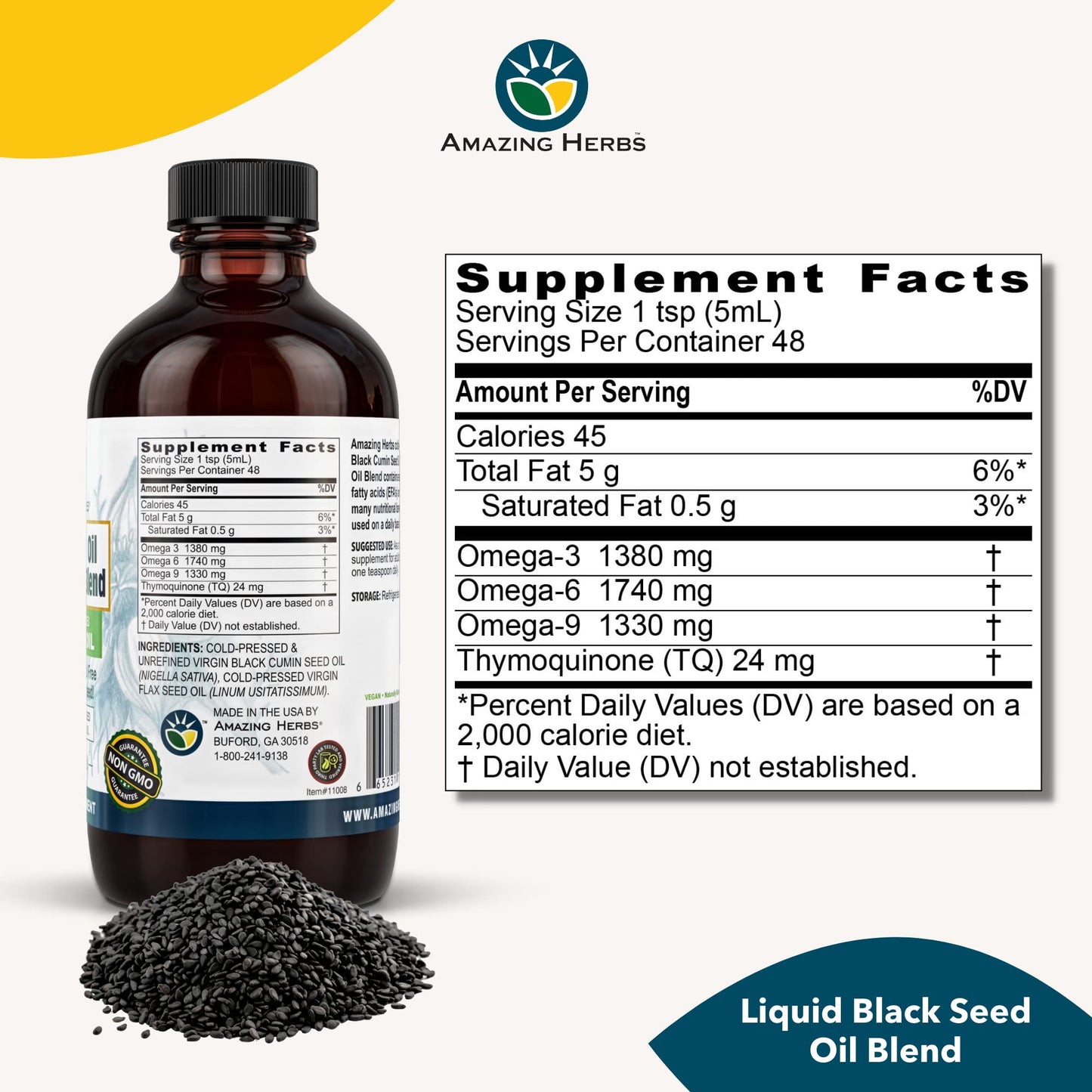 Amazing Herbs Cold-Pressed Black Seed & Flax Seed Oil Blend - Gluten-Free, Non-GMO, High in Omega 3-6-9 - Supports Joint, Brain, and Heart Function - 8 oz