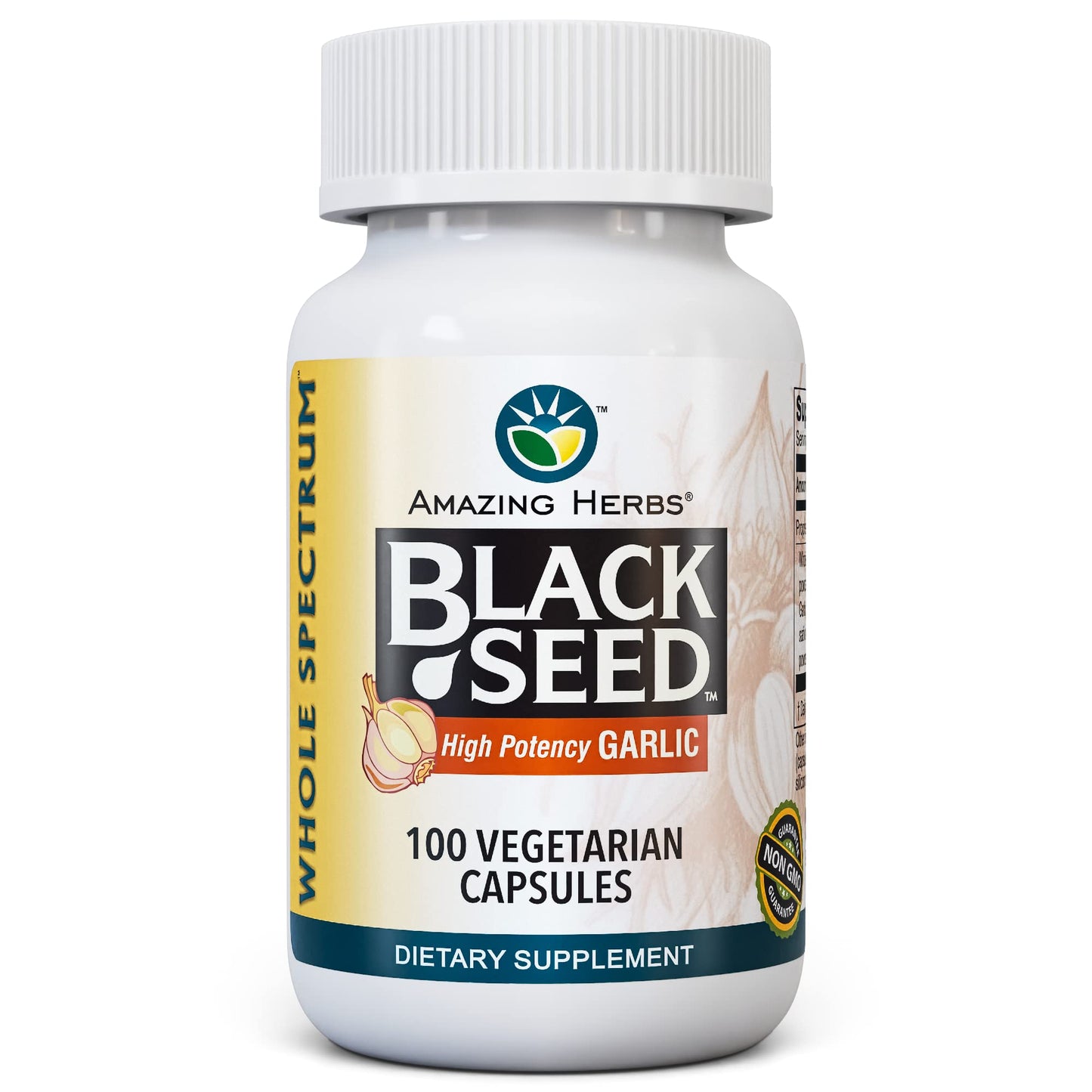 Amazing Herbs Whole Spectrum Black Seed & High Potency Garlic – 100 Count | Gluten-Free, Non-GMO, Vegan