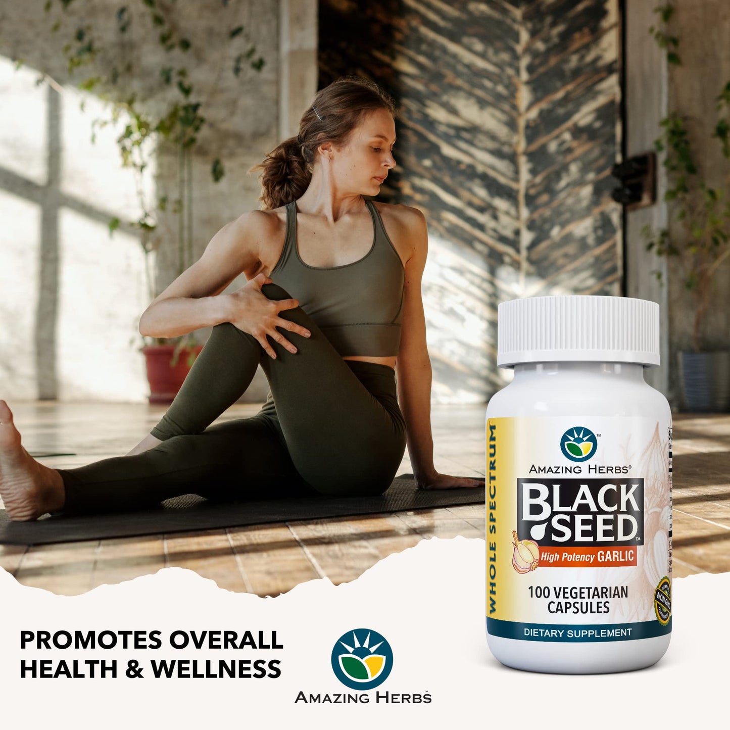 Amazing Herbs Whole Spectrum Black Seed & High Potency Garlic – 100 Count | Gluten-Free, Non-GMO, Vegan