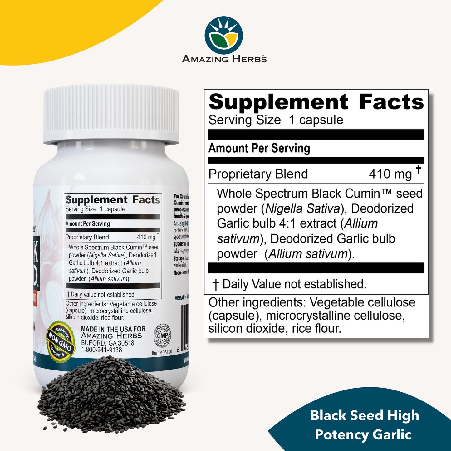Amazing Herbs Whole Spectrum Black Seed & High Potency Garlic – 100 Count | Gluten-Free, Non-GMO, Vegan
