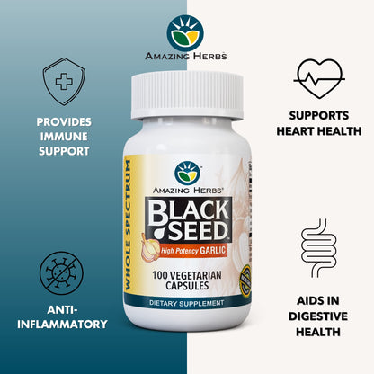 Amazing Herbs Whole Spectrum Black Seed & High Potency Garlic – 100 Count | Gluten-Free, Non-GMO, Vegan