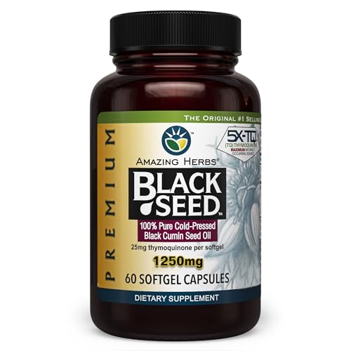 Amazing Herbs Premium Black Seed Oil Capsules – High Potency 1250mg, 60 Count | Immune Support & Digestive Health