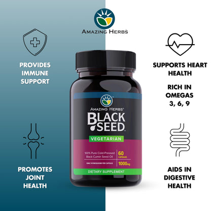 Amazing Herbs Black Seed Oil Capsules - 1000 mg, Cold-Pressed Nigella Sativa, 60 Vegetarian Capsules | Non-GMO